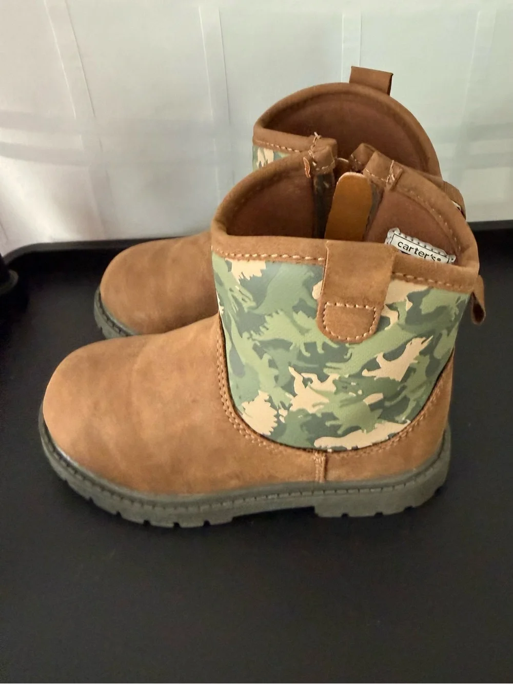 Carter's Brown Suede-Look Ankle Boots with Green Camo Dinosaur Accent